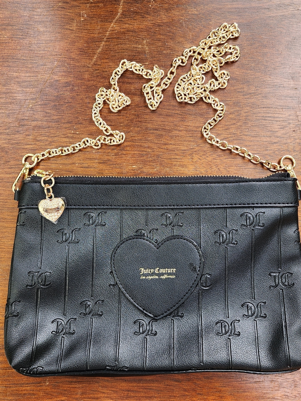 Juicy Couture Black Embossed Monogram Heart Shoulder Bag Chain Crossbody Y2K